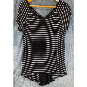 Cable & Gauge Womens XL Black White Striped Split Back Short Sleeve Tunic Top